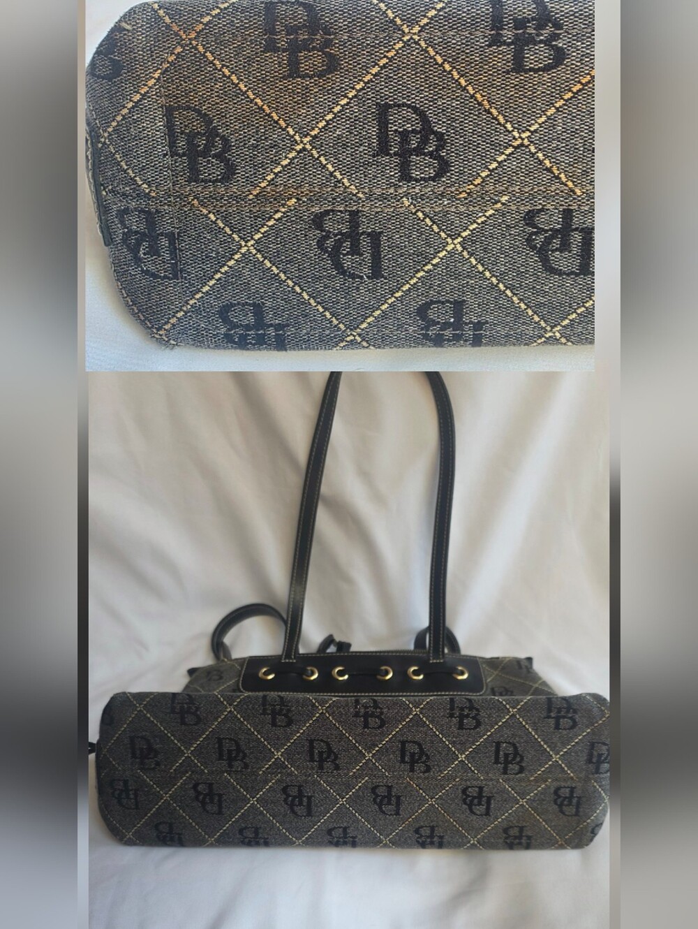 Authentic Dooney & Bourke DB Canvas Leather Tote Shoulder Bag Black Gray Large - Picture 5 of 8